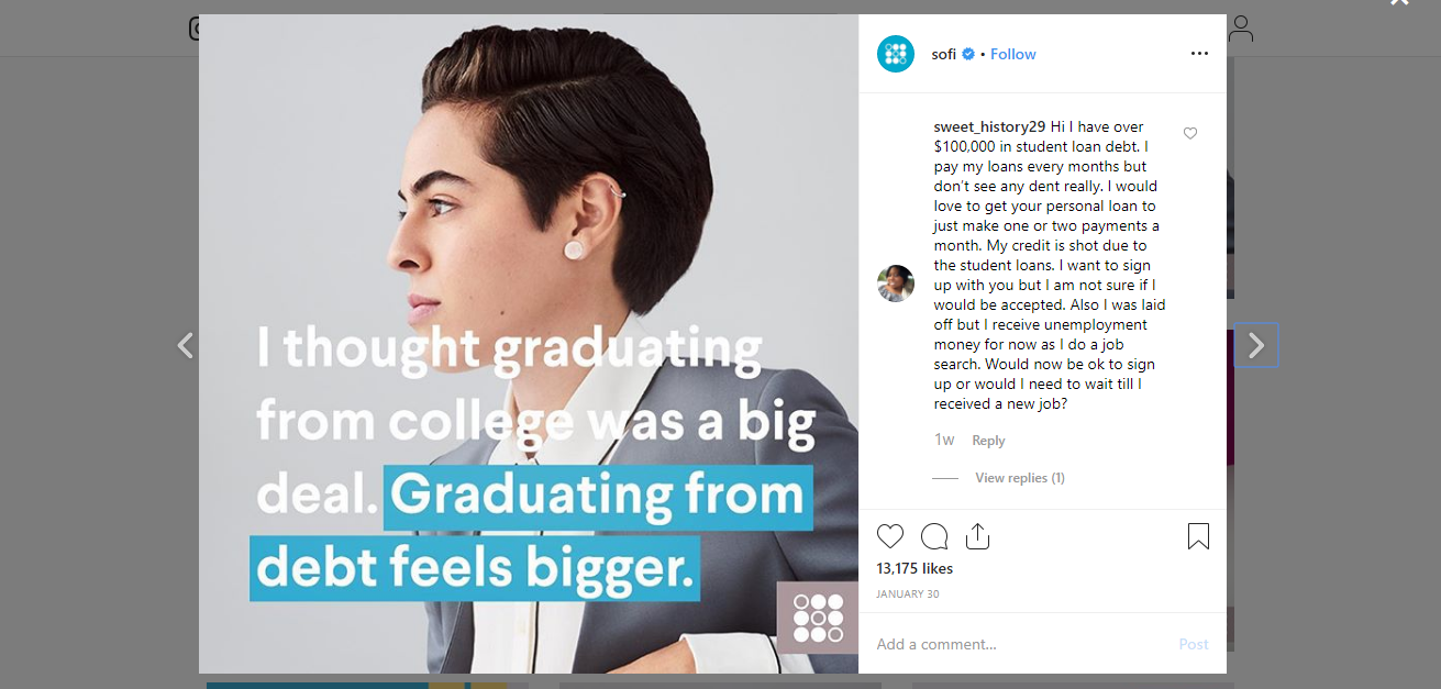 Financial services company SoFi uses stories for Instagram marketing