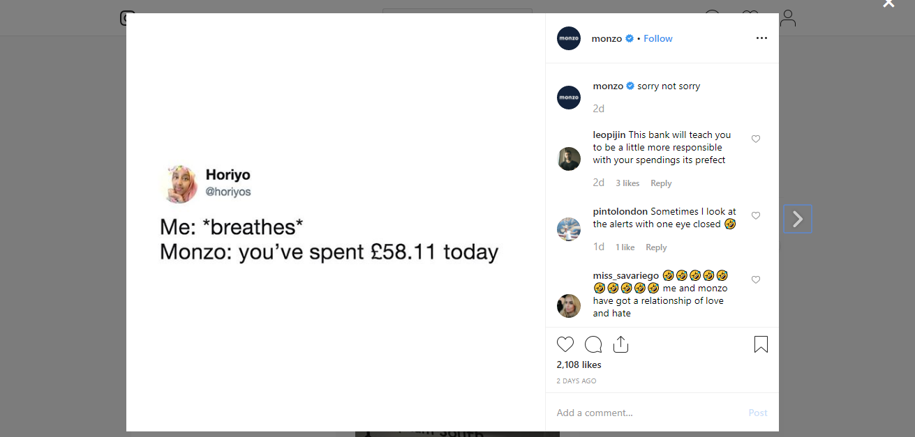 Disruptor bank Monzo uses Instagram marketing