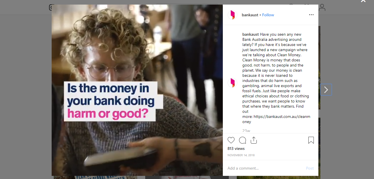 Bank Australia talks about sustainability in Instagram marketing