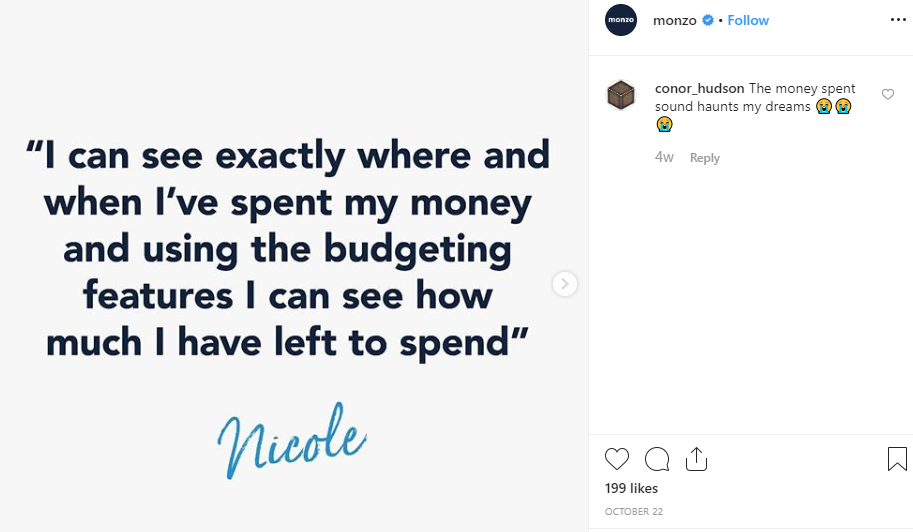 Monzo shares customer testimonials on social media