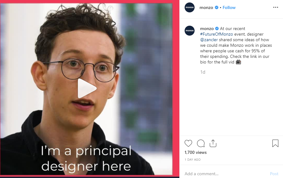 Monzo showcases its team to humanize its brand on social media