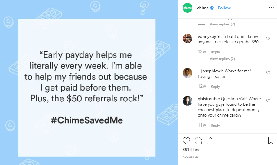 Neobank Chime showcases USPs on social media