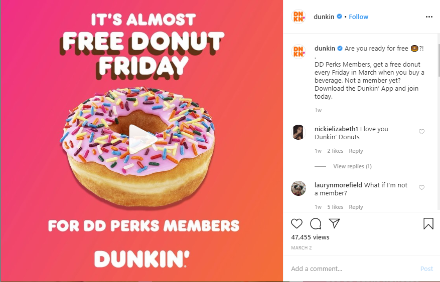 Dunkin’ offers Free Donut Friday for branding and sales