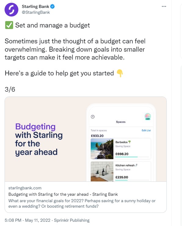 Financial Literacy - Starling Bank shares budgeting guide on social media