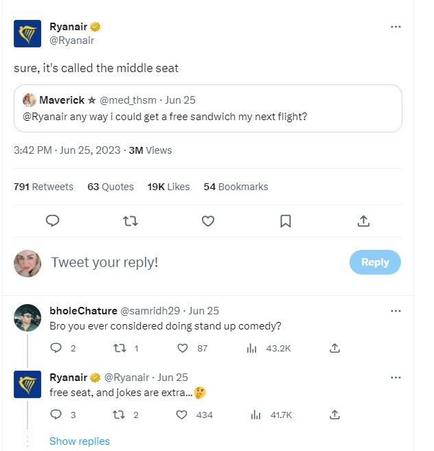 Ryanair uses humour in social media marketing